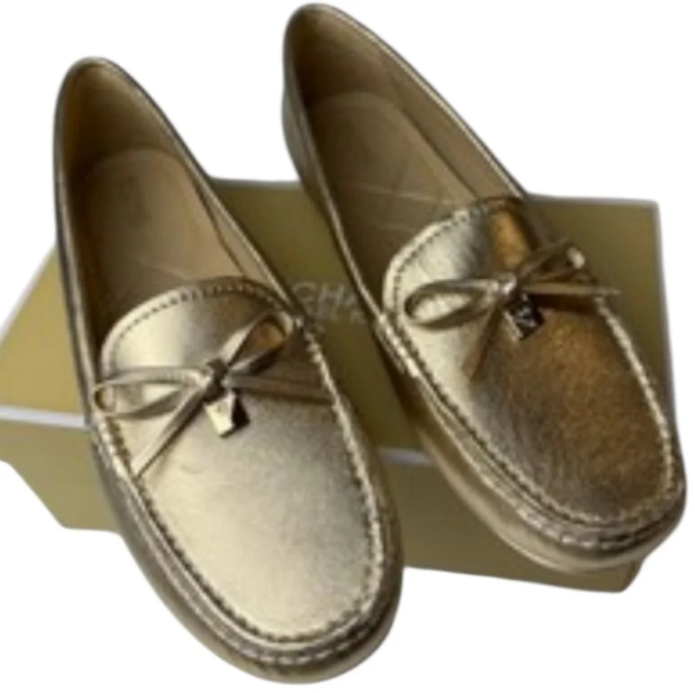 Michael Kors Gold Metallic Leather Bow Detail Loafer Flats Women's Shoes 10‎ New